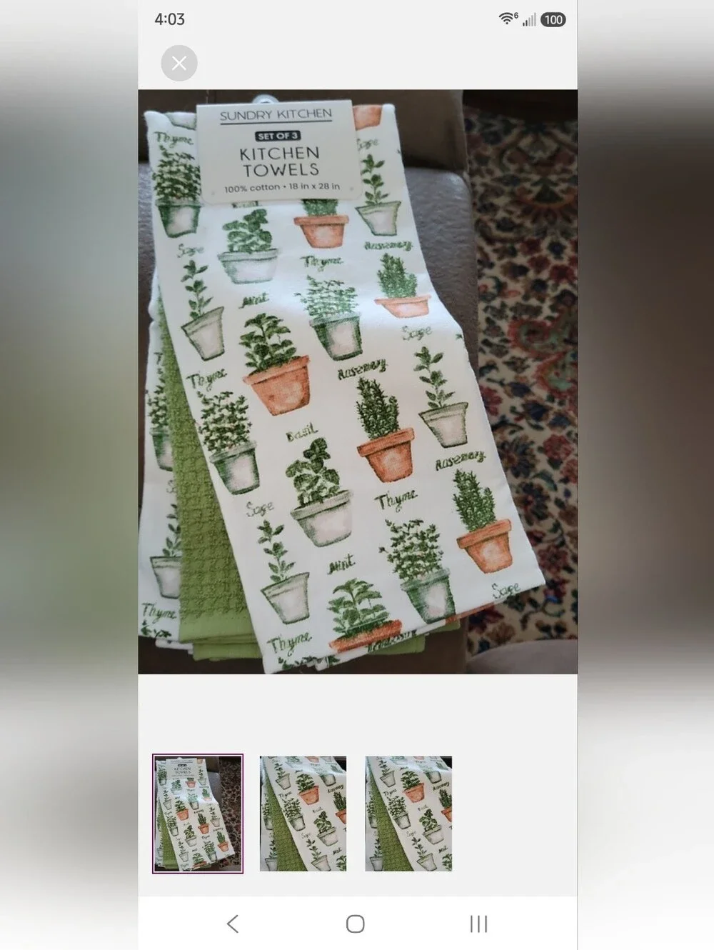 Herb Print Cotton Kitchen Towels - Green
